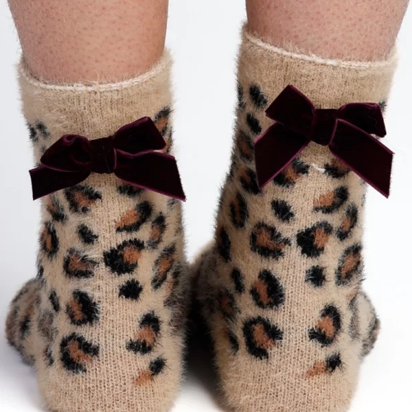 Γυναικείες Κάλτσες Noidinotte Leopard Με Φιόγκο Με Αντιολισθητικό Πάτο Leopard-Βυσσινί