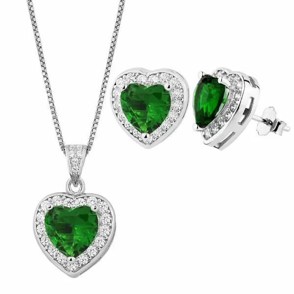 Σετ ροζέτα Καρδιά πράσινο σμαράγδι από ασήμι 925° κολιέ σκουλαρίκια