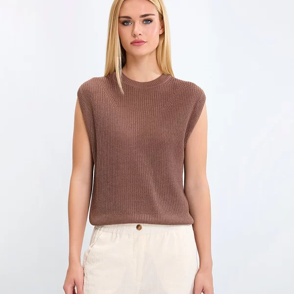 Seventy Venezia Γυναικείο Πλεκτό Αμάνικο Τοπ με Στρογγυλή Λαιμόκοψη σε Καφέ