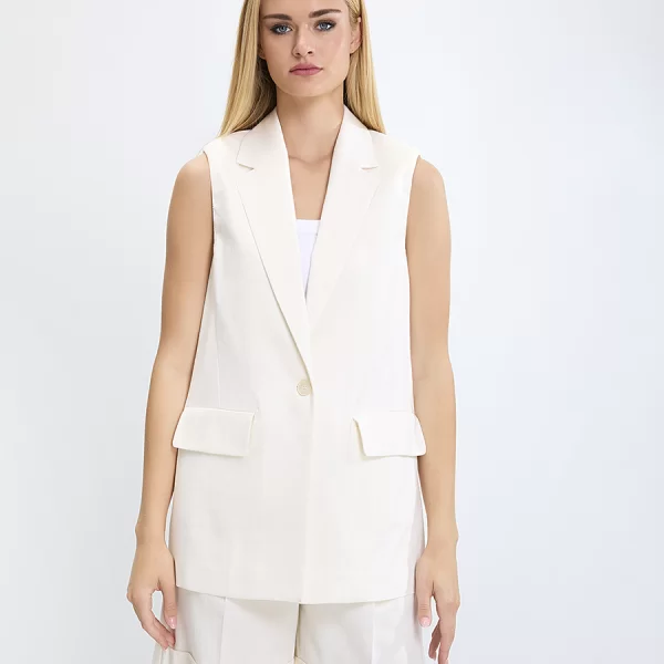 Γυναικείο Αμάνικο Σακάκι με Γιακά και Τσέπες Regular Fit σε Εκρού