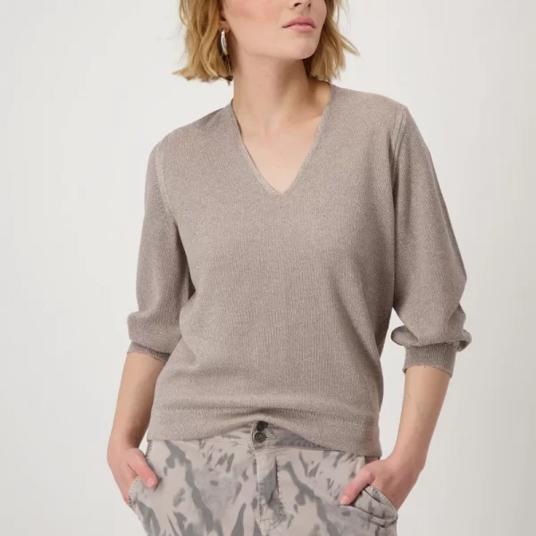 Monari Γυναικείο Πλεκτό Lurex με V-Λαιμόκοψη σε Μπεζ