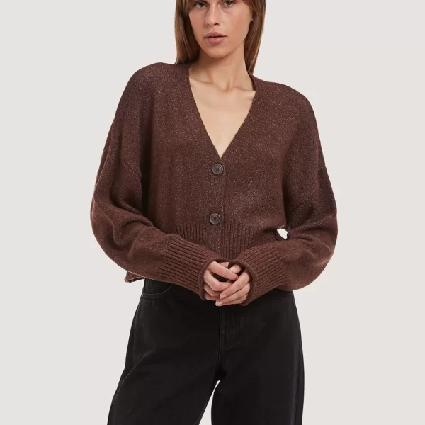 Πλεκτή cropped ζακέτα με V λαιμό και κουμπιά