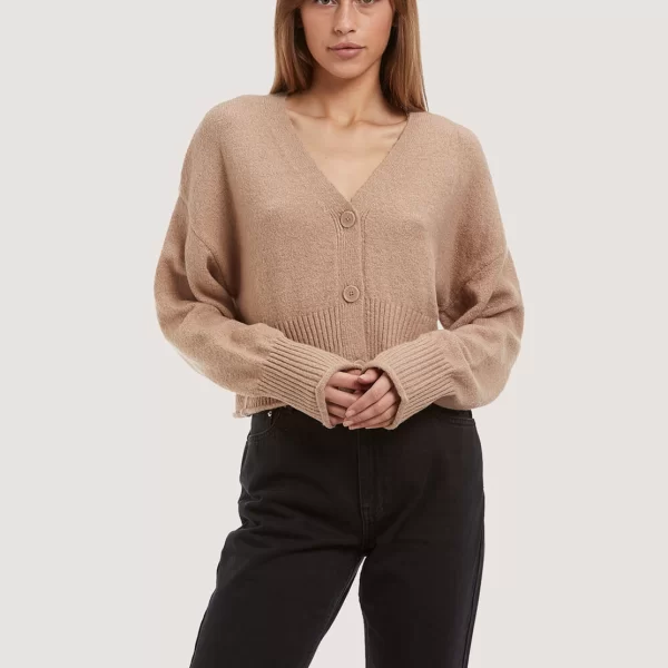 Πλεκτή cropped ζακέτα με V λαιμό και κουμπιά