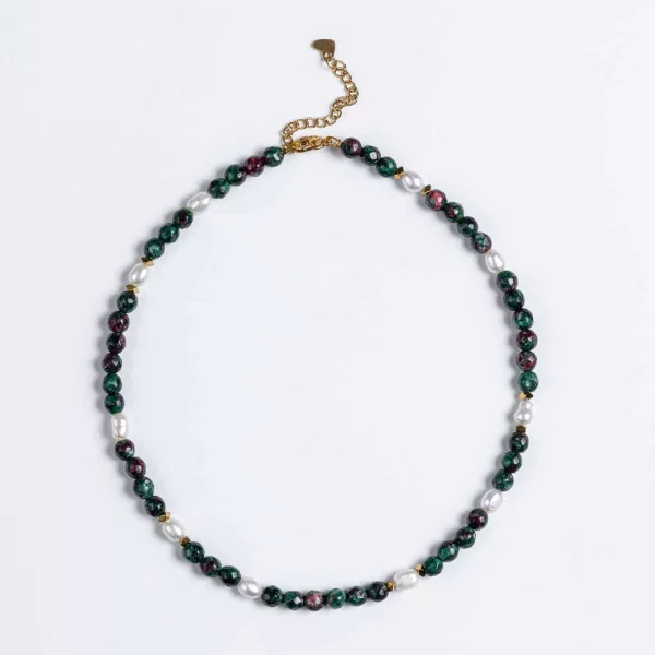 Χειροποίητο κολιέ CUORO με πράσινο αχάτη και μαργαριτάρια