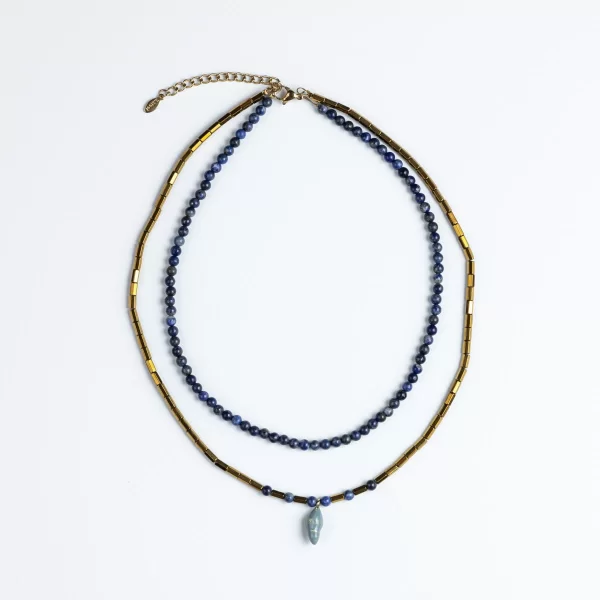 Διπλό χειροποίητο κολιέ Cuoro με λάπις λάζουλι και αιματίτη