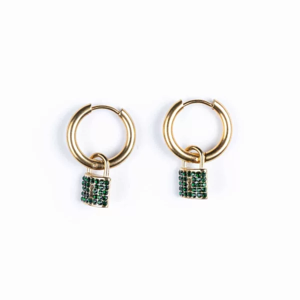 Ατσάλινα σκουλαρίκια 3 σε 1 CUORO με κλειδαριά με πράσινα ζιργκόν