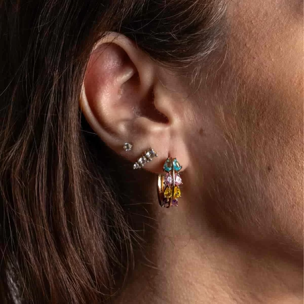 Ατσάλινοι κρίκοι CUORO επιχρυσωμένοι με πολύχρωμα ζιργκόν διπλόσειρα