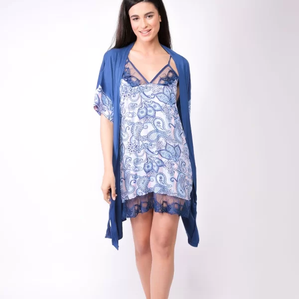 Σετ Ρόμπα - Νυχτικό Viscose Blue Wildflower 84422