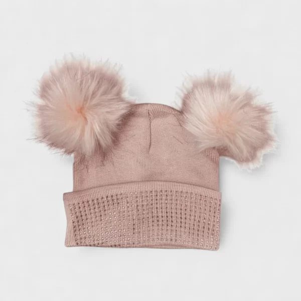 Γυναικείο Σκουφάκι SYT Πούδρα με Διπλό Pom Pom & Strass K2526-09-Ροζ