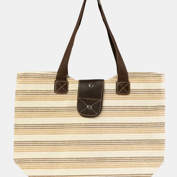 Striped Beach Bag w/ Leatherette Details Μπεζ