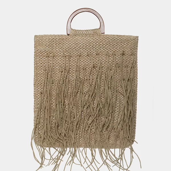 Straw bag with fringes in beige Μπεζ
