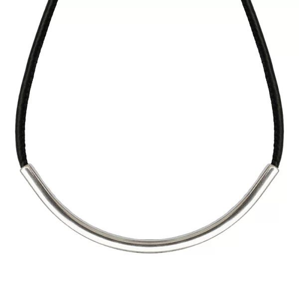 JT Εντυπωσιακό κολιέ βέργα με μαύρη δερματίνη Ασημί