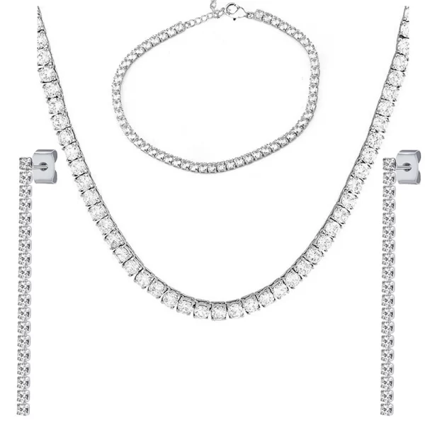 Jt Σετ κολιέ βραχιόλι σκουλαρίκια ριβιέρα λευκά κρύσταλλα ατσάλι