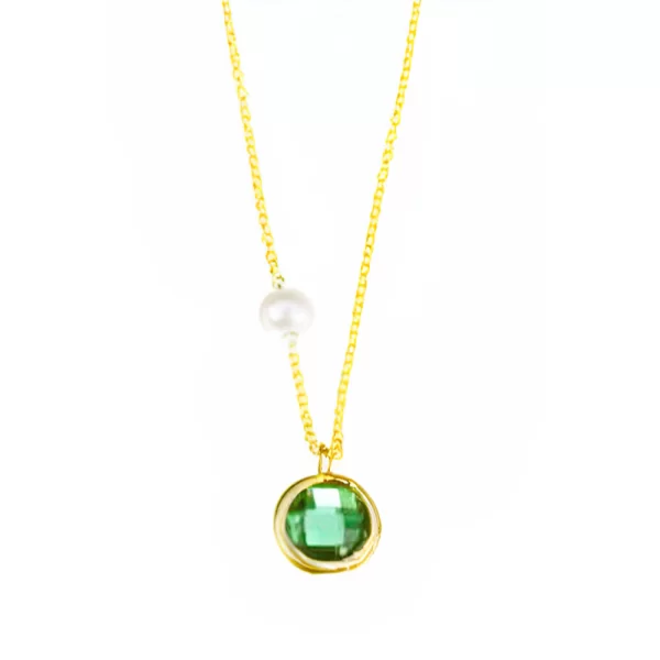Κολιέ σε Κίτρινο Χρυσό κ14 με πράσινο zircon και μαργαριτάρι 40cm Gatsa 3524