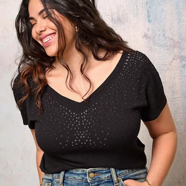 T-shirt μονόχρωμο με παγιέτα - Μαύρο