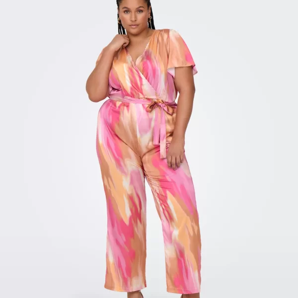 Ολόσωμη φόρμα plus size με ζώνη και εμπριμέ σχέδιο - Ρόζ