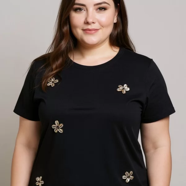 T-shirt με κεντημένα λουλούδια - Μαύρο