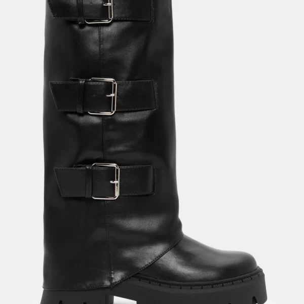 Μπότες με Εφέ Αναδιπλούμενης Φάσας & Διακοσμητικά Λουράκια - Μαύρο