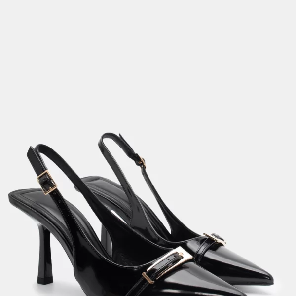 Γόβες Μυτερές με Μεταλλική Λεπτομέρεια - Μαύρο-Λουστρίνι