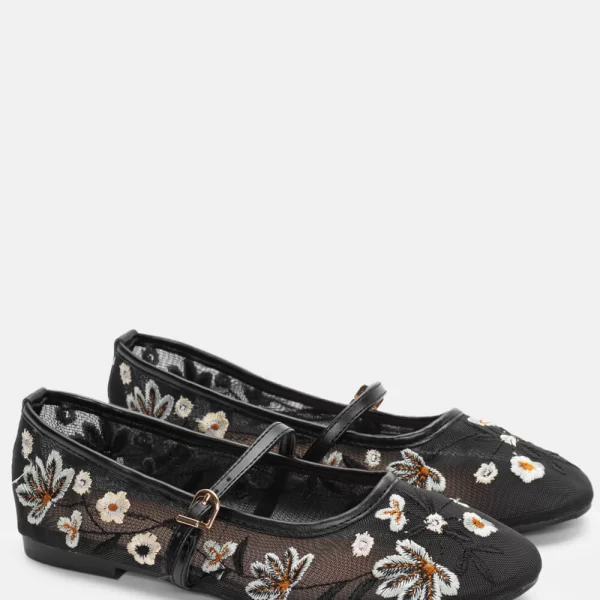 Μπαλαρίνες με Διακοσμητικά Λουλούδια - Μαύρο