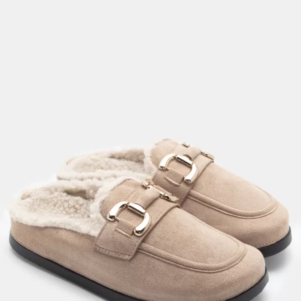 Clogs Σαμπό με Εσωτερική Επένδυση Γούνας & Διακοσμητική Αγκράφα - Μπεζ-Σκούρο