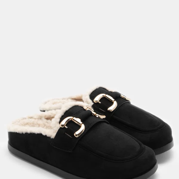 Clogs Σαμπό με Εσωτερική Επένδυση Γούνας & Διακοσμητική Αγκράφα - Μαύρο