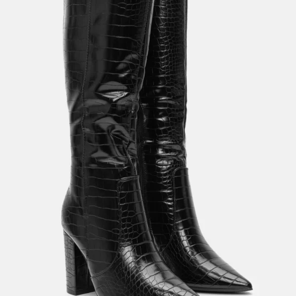 Μπότες Μυτερές Croco με Τακούνι - Μαύρο