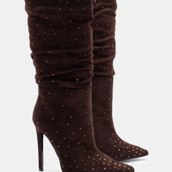 Μπότες Μυτερές με Strass - Καφέ Σκούρο