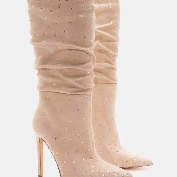 Μπότες Μυτερές με Strass - Μπεζ