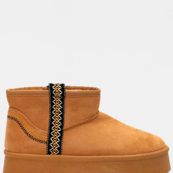 Μποτάκια Δίσολα με Εσωτερική Επένδυση Γούνας & Κέντημα - Κάμελ