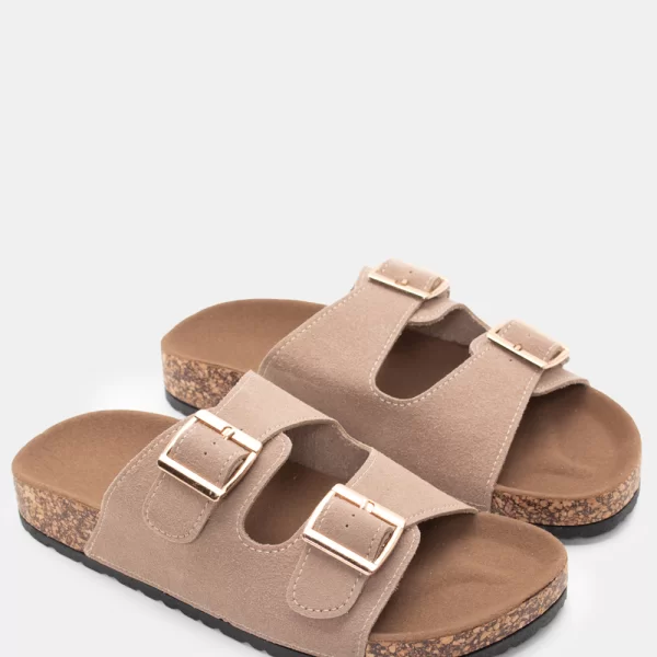 Σανδάλια Flatform με Διπλές Τόκες - Μπεζ-Σκούρο