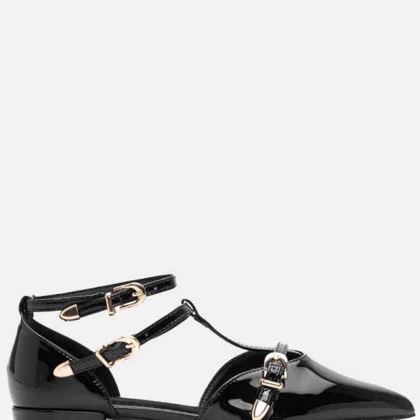 Γοβάκια Μυτερά με Λουράκια & Μπαρέτα - Μαύρο-Λουστρίνι