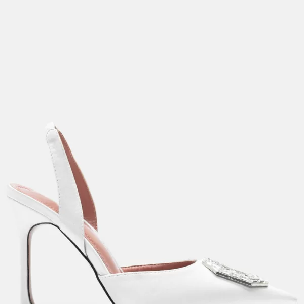 Γόβες Μυτερές Σατέν με Διακοσμητική Τόκα & Λάστιχο - Λευκό