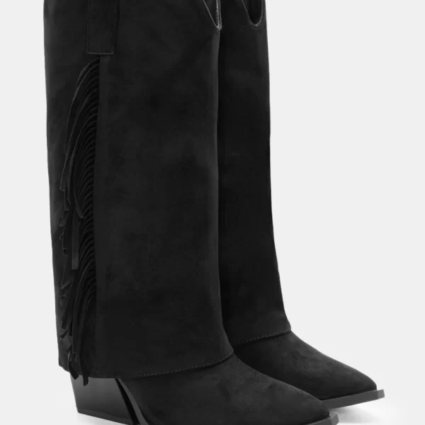Μπότες με Εφέ Αναδιπλούμενης Φάσας & Διακοσμητικά Κρόσσια - Μαύρο