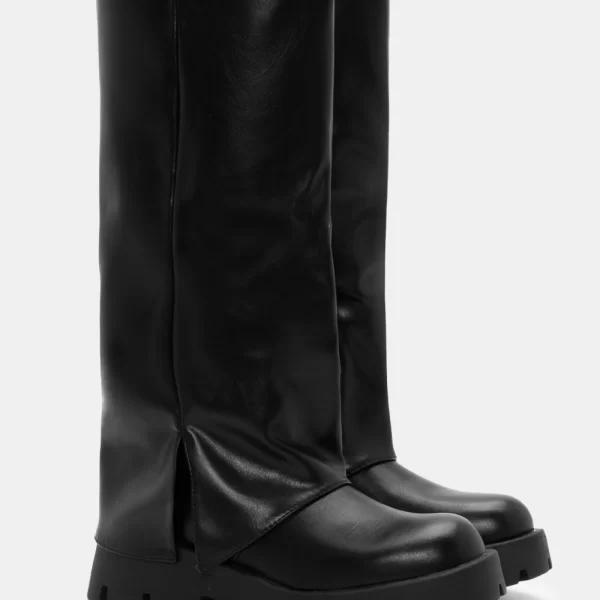 Μπότες με Εφέ Αναδιπλούμενης Φάσας & Τρακτερωτή Σόλα - Μαύρο