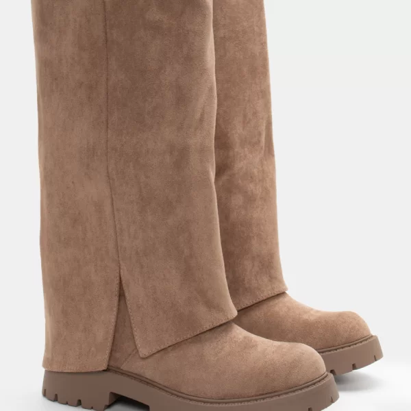 Μπότες με Εφέ Αναδιπλούμενης Φάσας & Τρακτερωτή Σόλα - Μπεζ-Σκούρο