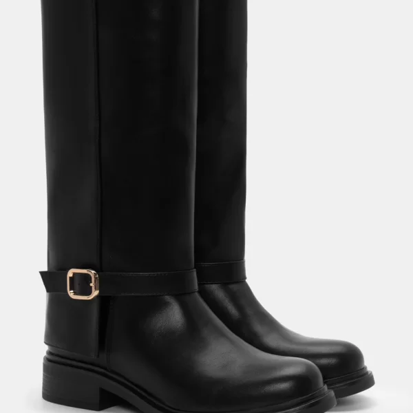 Μπότες με Εφέ Αναδιπλούμενης Φάσας & Διακοσμητικό Λουράκι - Μαύρο