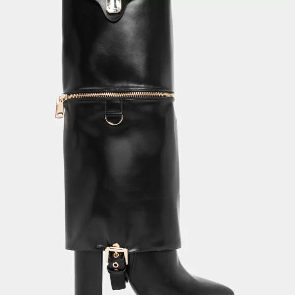 Μπότες με Εφέ Αναδιπλούμενης Φάσας & Διακοσμητικό Φερμουάρ - Μαύρο