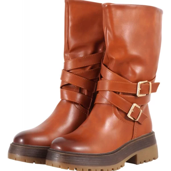 Γυναικείο μποτάκι δερματίνι εξωτερικά λουριά πλαϊνό φερμουάρ αντιολισθητικός πάτος. ΚΑΜΕΛ