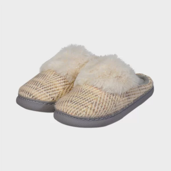 Γυναικείες χειμερινές παντόφλες όψη τουϊντ λεπτομέρειες γούνας ΓΚΡΙ