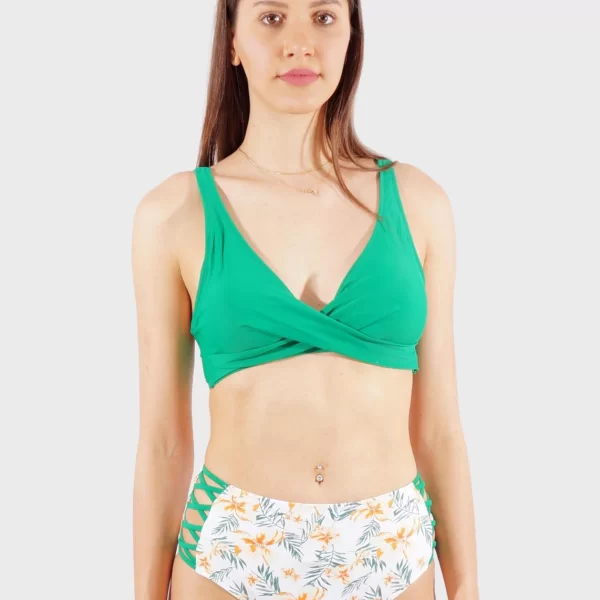 Γυναικείο σετ μαγιό bra αποσπώμενη επένδυση κούμπωμα bikini ψηλόμεσο πλαϊνό cut-out.Καλύπτει B Cup ΠΡΑΣΙΝΟ