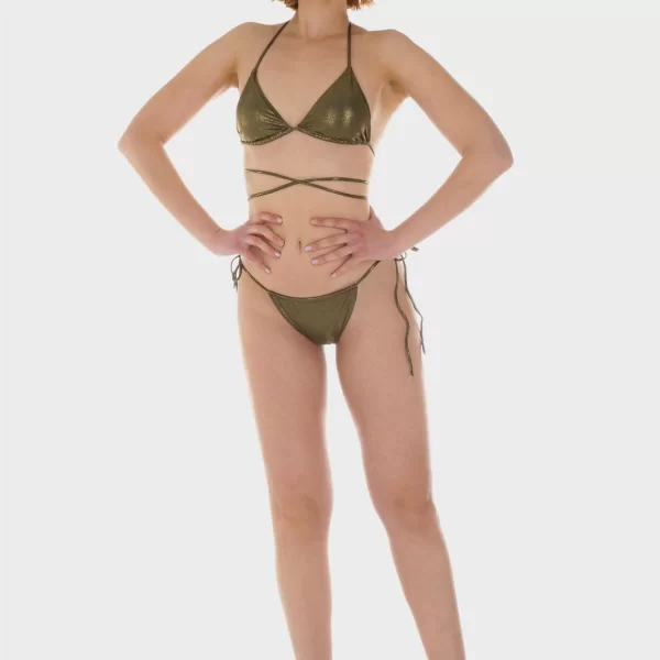 Γυναικείο σετ μαγιό bikini τριγωνάκι αποσπώμενη επένδυση slip παρτό πλαϊνά κορδονάκια.Καλύπτει B Cup. ΧΑΚΙ