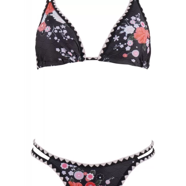 Σέτ τρίγωνο μαγιό αποσπώμενη ενίσχυση bikini παρτό floral print. Καλύπτει B Cup. ΜΑΥΡΟ