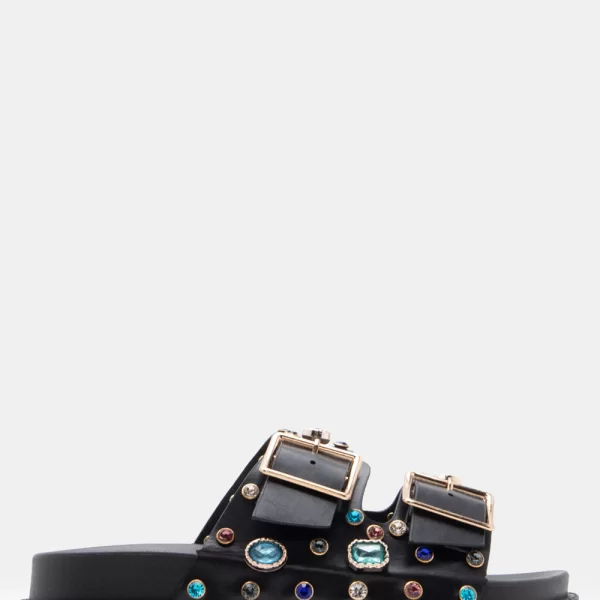 Σανδάλια Flatform με Διακοσμητικές Πέτρες - Μαύρο