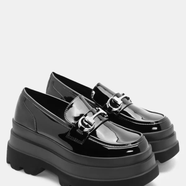 Μοκασίνια Δίσολα με Διακοσμητική Αγκράφα απο Strass - Μαύρο-Λουστρίνι