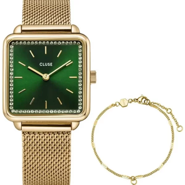 CLUSE La Tetragone Crystals Gift Set - CG10317, Gold case with Stainless Steel Bracelet