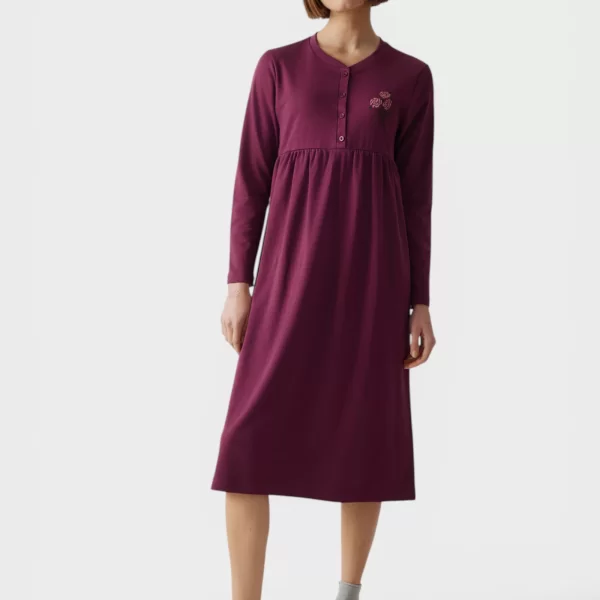 Minerva Uni Μακριά Γυναικεία Νυχτικιά Βαμβακερή με Κουμπιά Βυσσινί MNRV52654-1-Βυσσινί