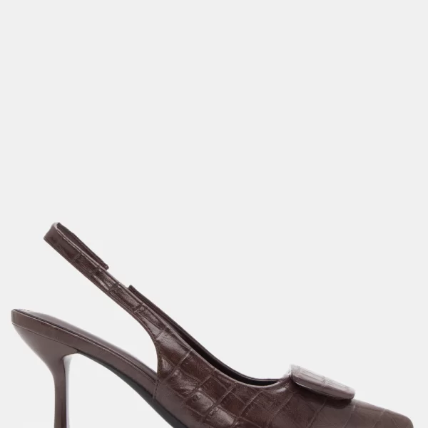 Γόβες Μυτερές Croco με Διακοσμητική Τόκα - Καφέ Σκούρο