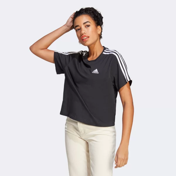 ADIDAS ESSENTIALS 3-STRIPES SINGLE JERSEY CROP TOP T-SHIRT ΜΑΥΡΟ