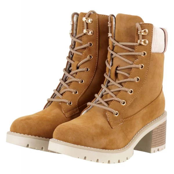 Γυναικείο μποτάκι κορδόνι κρέπ τακούνι γούνινη επένδυση.Timeless Style ΚΑΜΕΛ